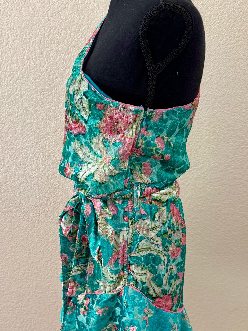 NWT Hermant & Nandita Velvet Teal Floral Metallic One Shoulder Mini Dress Med - Picture 14 of 16